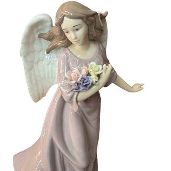 Hand-Painted Porcelain Angel Figurine With Floral Details & Flowing Gown - Picture 2 of 7